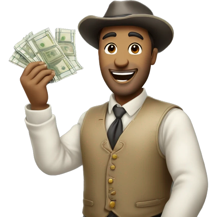 homme riche tient des billets dans ses mains et sautede joie emoji