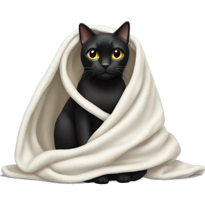 Black cat wearing white blanket emoji