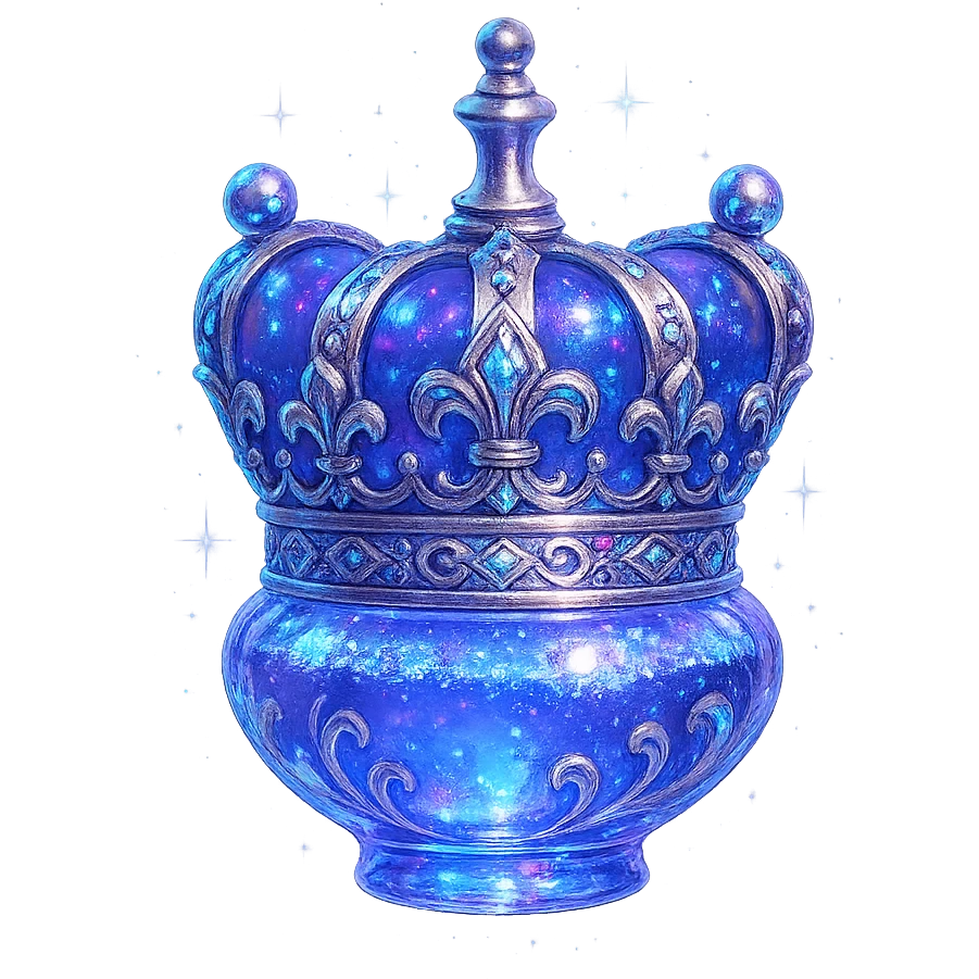 ultra luxurious small crown-shaped elixir bottle, color #7986cb, intricate and bold iridescent and silver details, maximum intense magical glowing and sparkling effects, very small neck, seamless bottom, transparent background, floating, no base or shadow, modern, matching a magical luxury collection emoji
