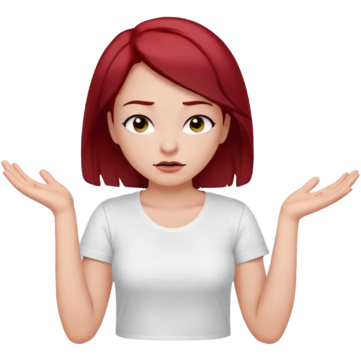younger woman shrugging, eyes closed, white t-shirt, dark red hair, black eyebrows emoji