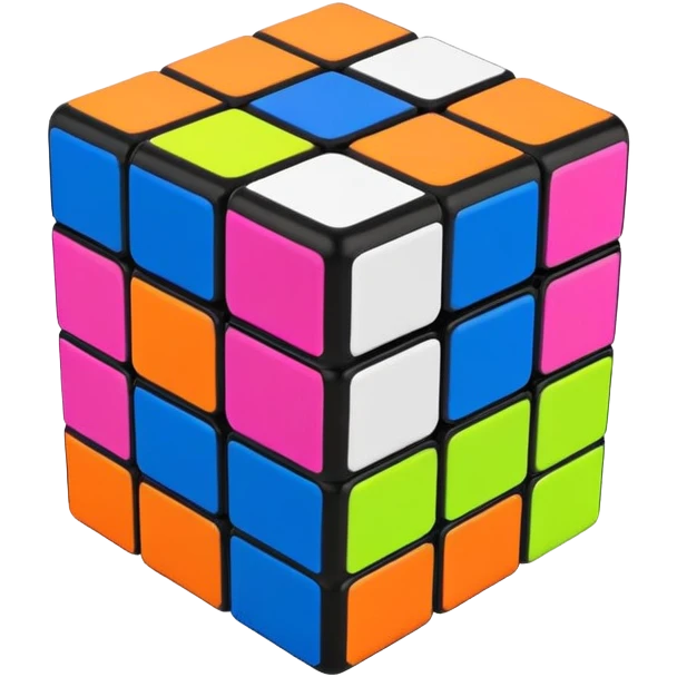 A 3x3 Rubik's Cube completely scrambled, with 90s American color palette, fluorescent orange, lime green, hot pink, electric blue, viewed from above emoji