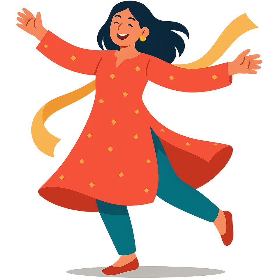 young woman in a kurta twirling, cheerful and dynamic emoji