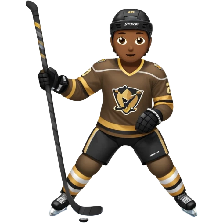 Back Shot Of Hockey Player Celebrating, sliding on one knee, with Left hand raised holding his stick by the middle of the shaft. Right Hand Touching the ice.
Black and Gold Jersey emoji