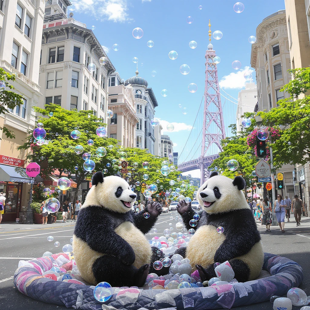 pandas bears sitting in bubbles flying around San Francisco downtown, sunny summer day, happy vibe emoji