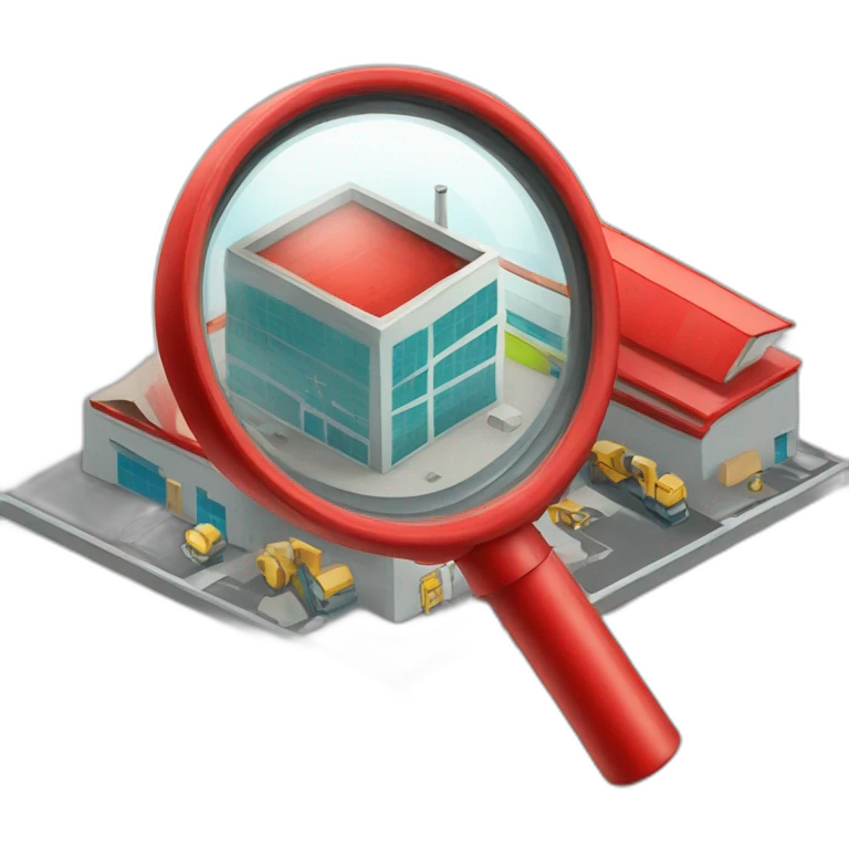 red magnifying glass looking at a factory emoji
