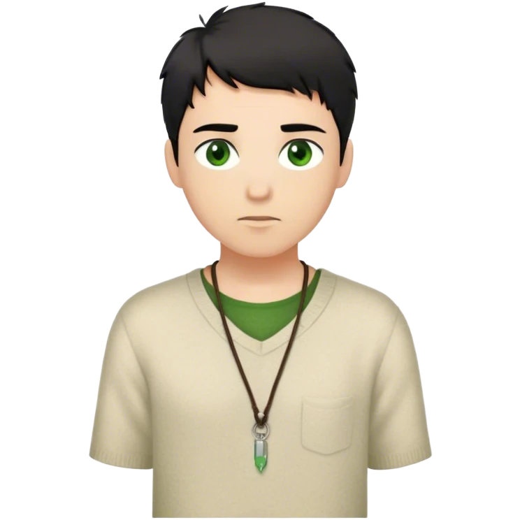 medieval outfit worn by a DnD themed fantasy character. basic short-sleeved wool tunic with a long-sleeved undershirt and a simple leather cord necklace. clothes only above the waist. The clothes full waist. The character's haven't arms. character is messy black hair green eyes short hair light-skinned man. emoji