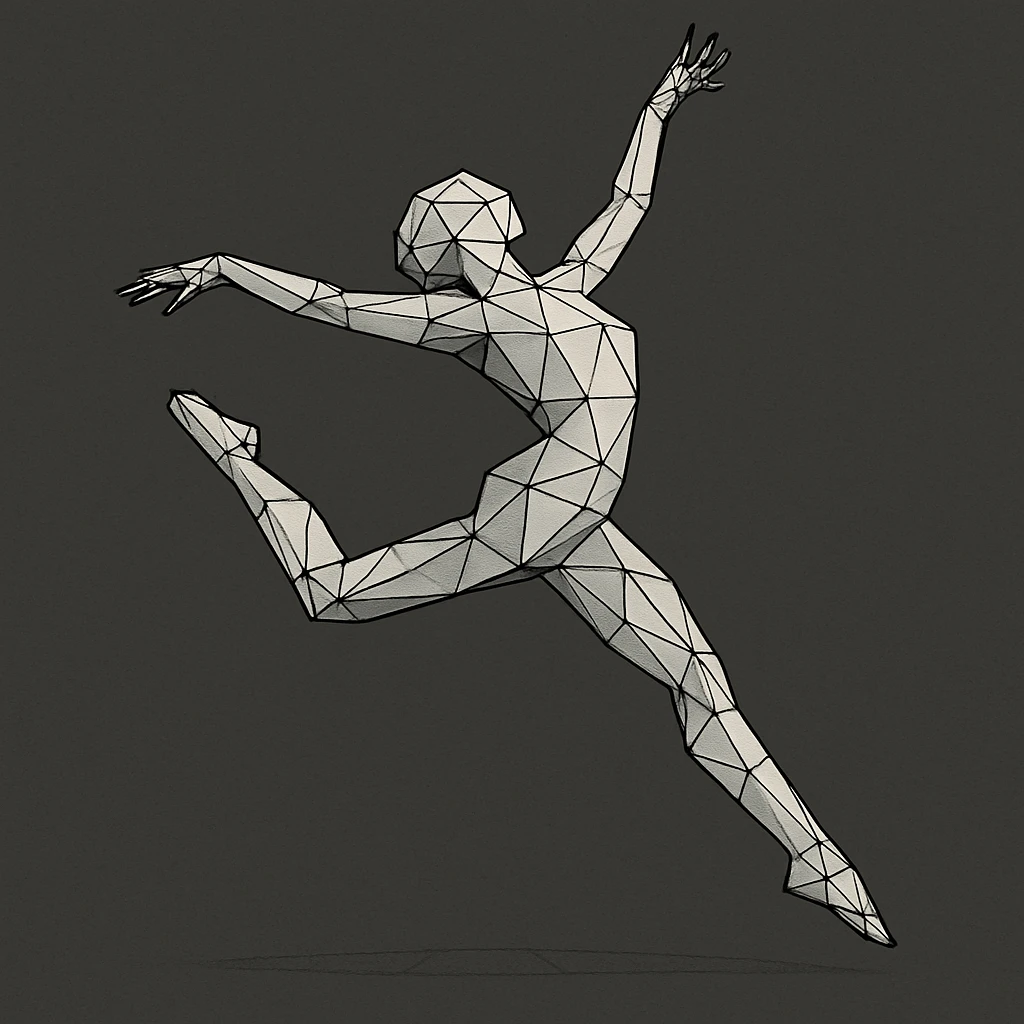 Wireframe dancer mid-leap with limbs stretched in arc. emoji
