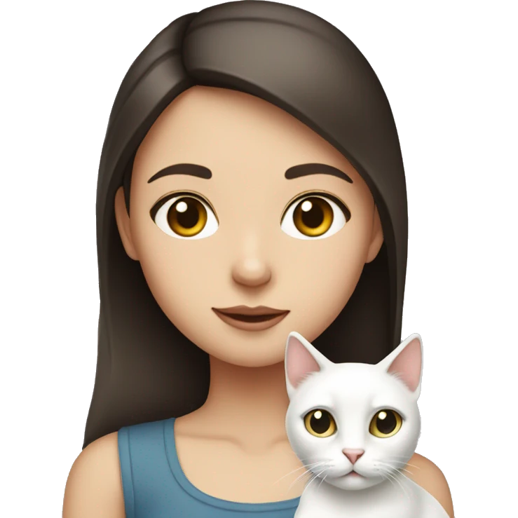 brunette girl holding white cat with heterochromia  eyes emoji
