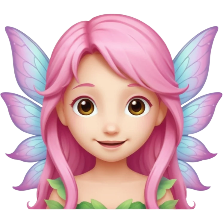 A tiny pastel fairy with pink long hair with glowing wings and a sweet smile  emoji