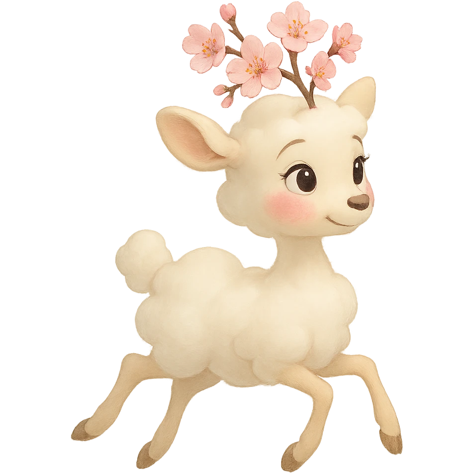 feminine vanilla cloud doe, rosy cheeks, cherry blossom head, floating gracefully, Pixar style emoji