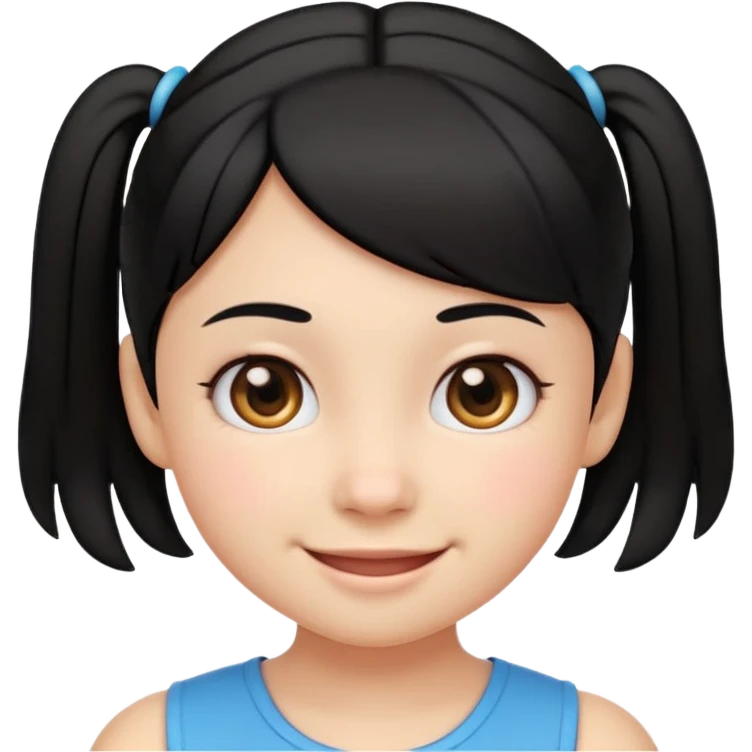 smiling girl in emoji style, black hair parted in the middle with two small side pigtails, round eyes, cheerful expression, soft cartoon face, head and upper shoulders, clean lines, minimal white background, vibrant and simple emoji