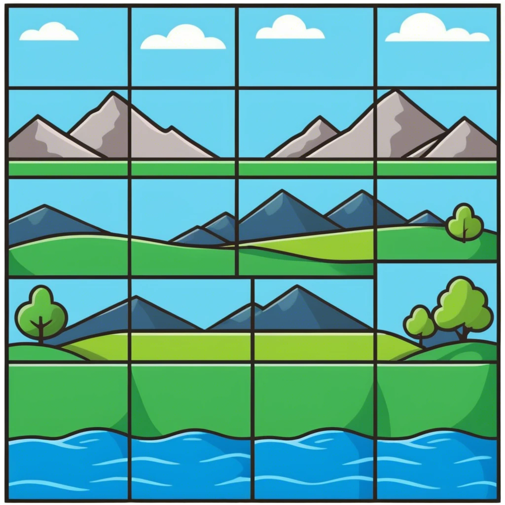 RPG terrain tileset with grass, water, forest, mountain emoji