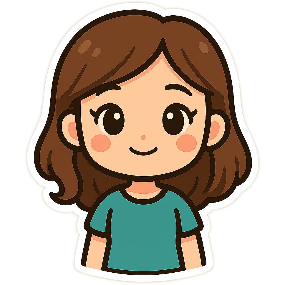 sticker illustration of a girl from a photo, cute cartoon style combining Bitmoji and chibi, simplified facial features, large expressive eyes, flat vector coloring, clean bold outlines, soft shadows, consistent character design, front view, white background emoji