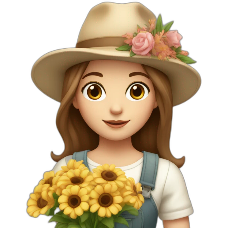 white skin, Girl with a hat, brown hair straight to the shoulders, holding a bouquet of flowers emoji