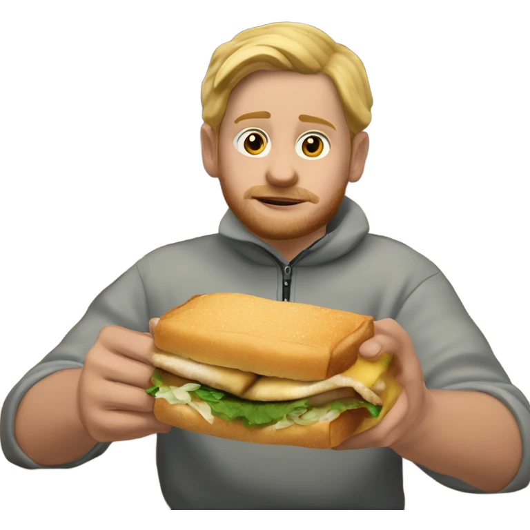 White person wearing a Patagonia quarter zip sweater eating a walleye sandwich at a bar emoji
