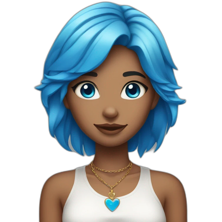 Tan skinned girl with blue hair, cat ears, white top, blue necklace and blue eyes emoji