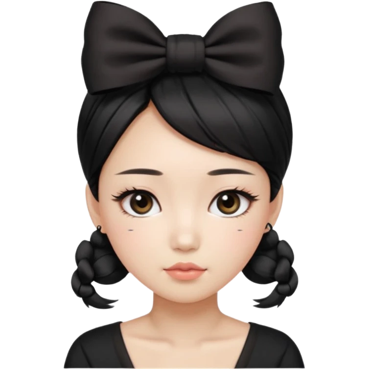 Korean woman with black cute  cut with a black top and a bow on her head with long lashes emoji