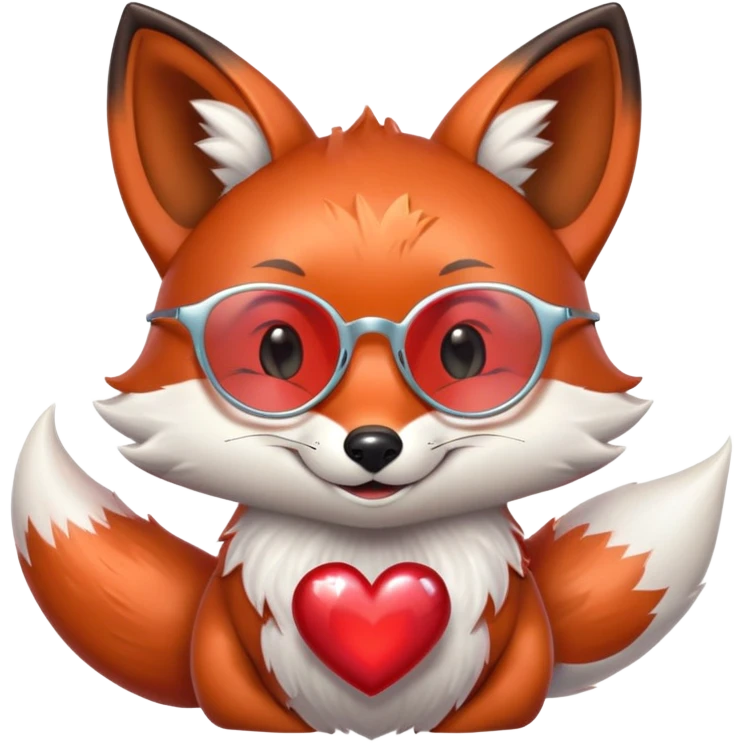 A dreamy fox with iridescent fur, a glowing tail, a silver star on its forehead, and round glasses, hugging a big red heart and smiling warmly emoji
