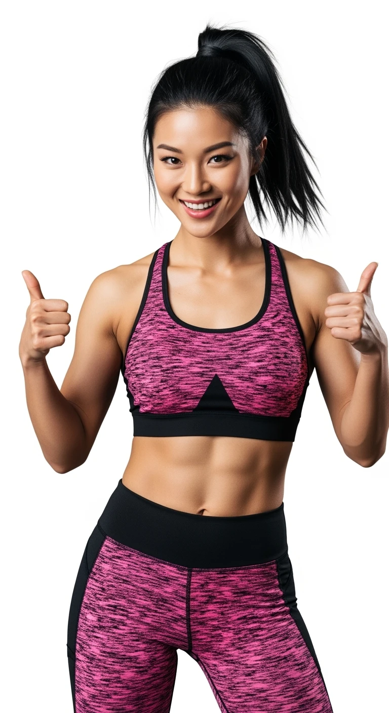 DONNA FITNESS FELICE CON POLLICI ALZATI, IPERREALISTICA 4K, SENZA SFONDO emoji