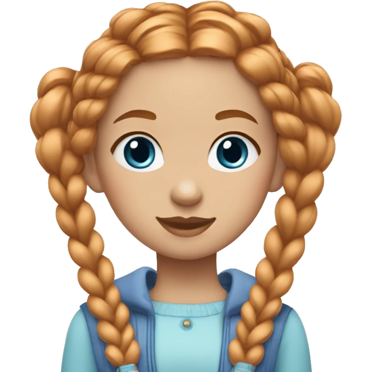 girl with reddish-blonde hair, blue eyes, and thick twin braids, wearing a cute outfit with pastel colors emoji