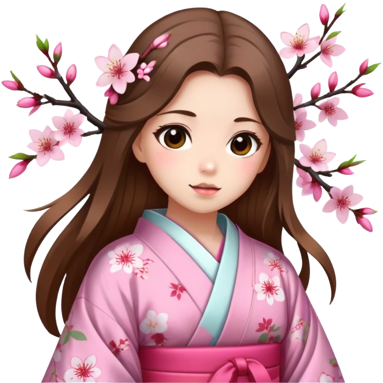 Girl with long brown hair wearing a kimono with cherry blossom patterns emoji