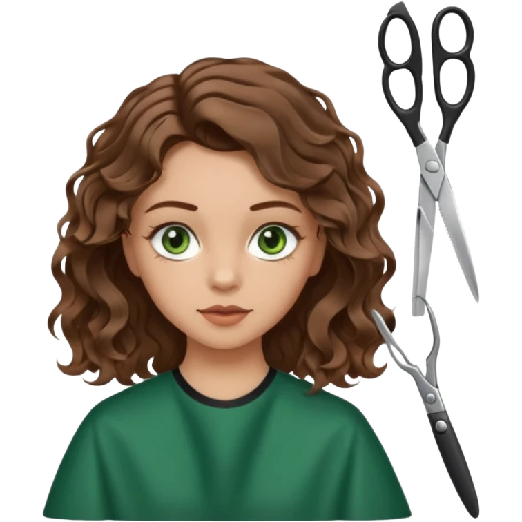 Girl with green eyes and brown wavy hair getting haircut with scissors emoji