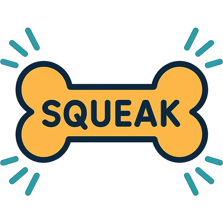dog bone with the word 'squeak', colorful lineal color icon with black outlines emoji