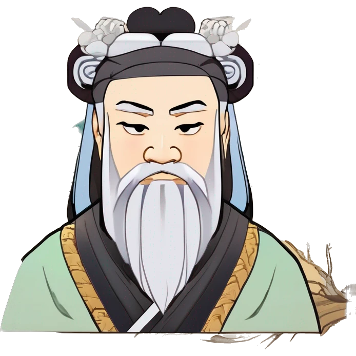 、"Laozi: Ancient Chinese philosopher, Hanfu, topknot, beard, black beard, willow-leaf eyebrows, phoenix eyes, long face, wide face." emoji
