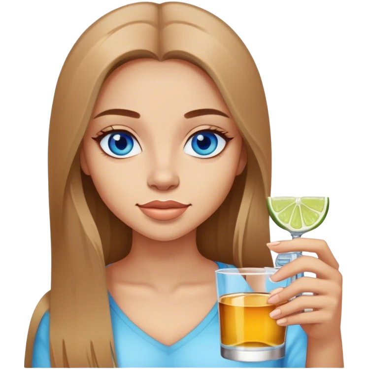 girl, long light brown straight, blue eyes, hair holding tequila emoji