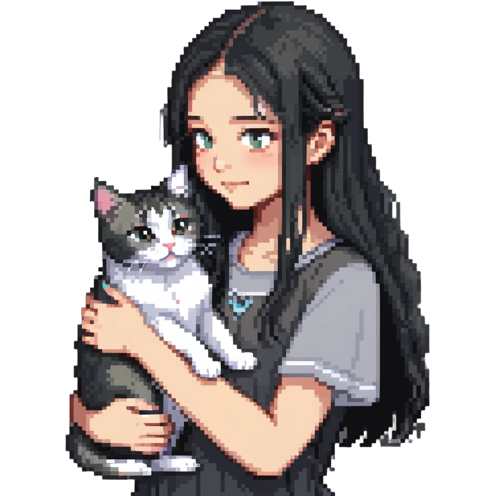 Beautiful girl with long black hair petting a gray and blonde mixed cat emoji