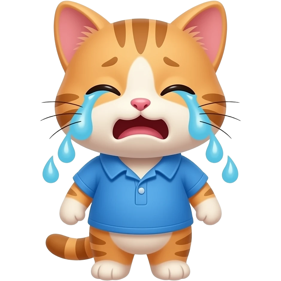 Cartoon baby kitten wearing a blue shirt crying emoji