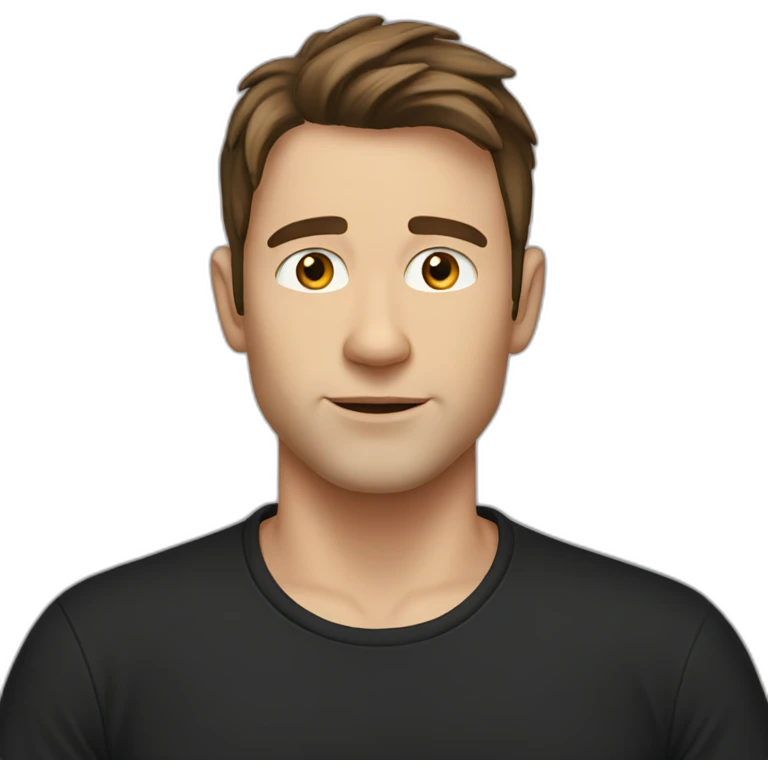 a shaved white man with messy long dark brown hair, with a black t-shirt emoji