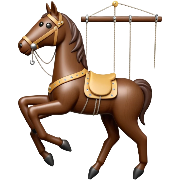 3D render of Horse Puppet as a wooden marionette puppet, Wooden toy horse on strings, silver metal screw joints at elbows and knees, polished brown wood texture, rigid toy pose, emoji style, isolated on white background --v 6.0. emoji