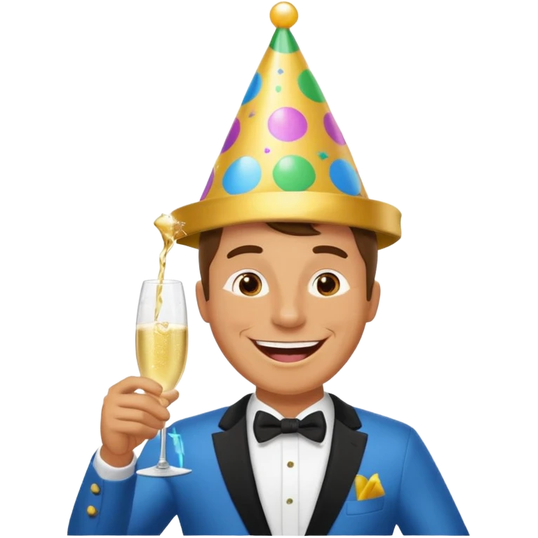 A happy man in party clothes laughs while drinking champagne straight from the glass. emoji