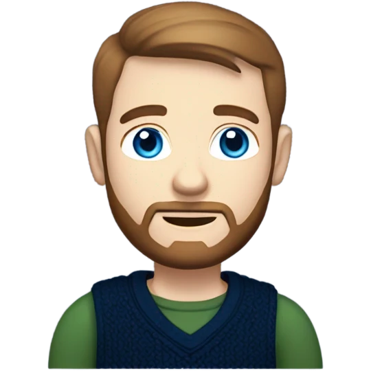 irish man blue eyes, brown short hair and short beard, wearing a smart navy blue jumper. full body. emoji