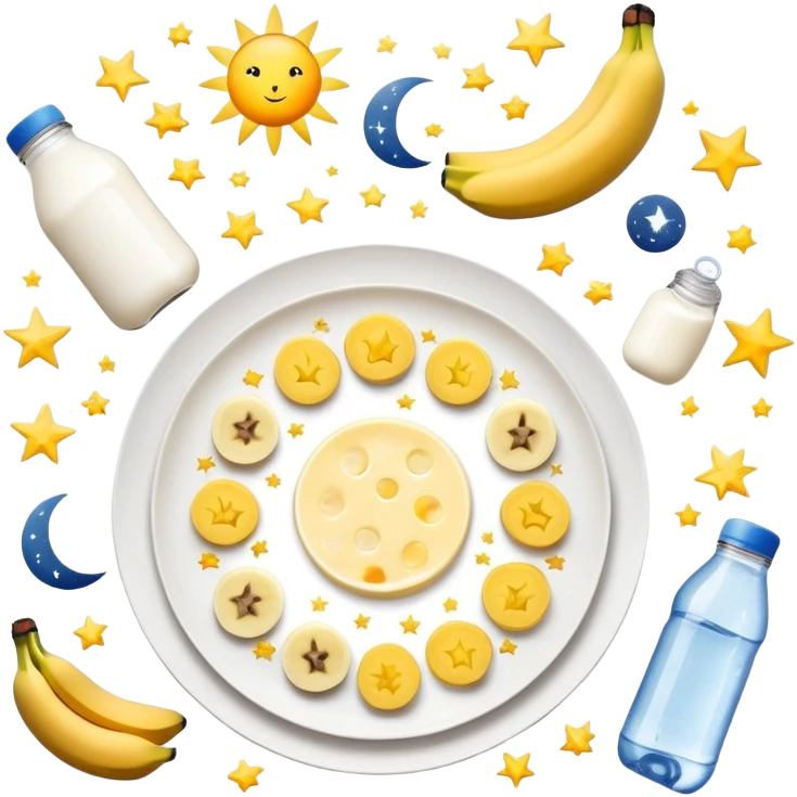 Mystical daily routine constellation: water bottle, sun, chicken plate, banana, gym weight, yogurt, fruits and chocolate, and moon symbols arranged like stars in a constellation pattern with glowing lines connecting them in sequence emoji
