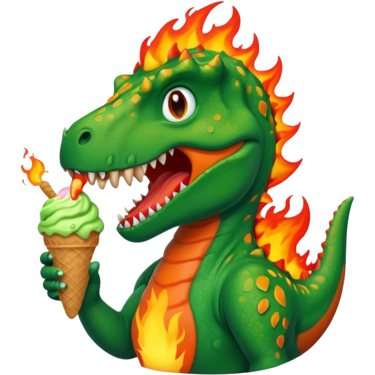 Dinosaur with ice cream and fire behind it emoji
