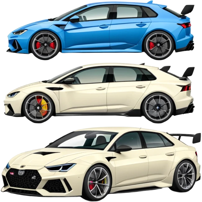 three cars lineup fromt profile forming a semi circle with a lamboghini svj an bmw m140i and a audi ra6 emoji