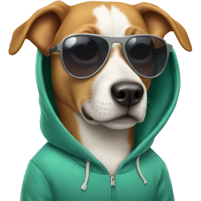 dog being chill and wearing sunglasses and a hoodie which says cool emoji