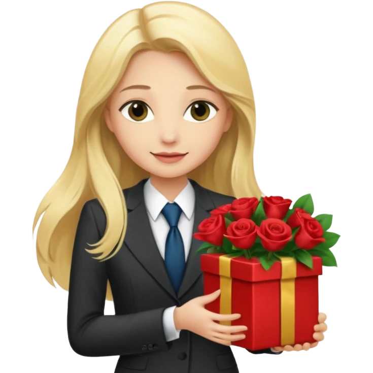 "Emoji of multiple wealthy businessmen in elegant suits, showing love and admiration, giving gifts, flowers, and money to a young sexy  blonde woman with long hair." emoji