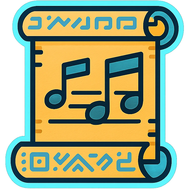 lyrics icon (scroll or speech bubble with musical notes), ancient-futuristic texture with bright glyphs, light blue neon glow border emoji