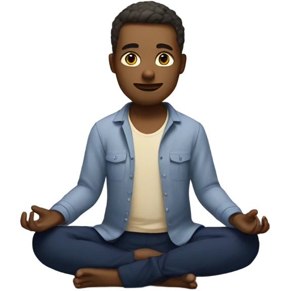 man meditating sitting down with cream shirt and navy blue pants emoji