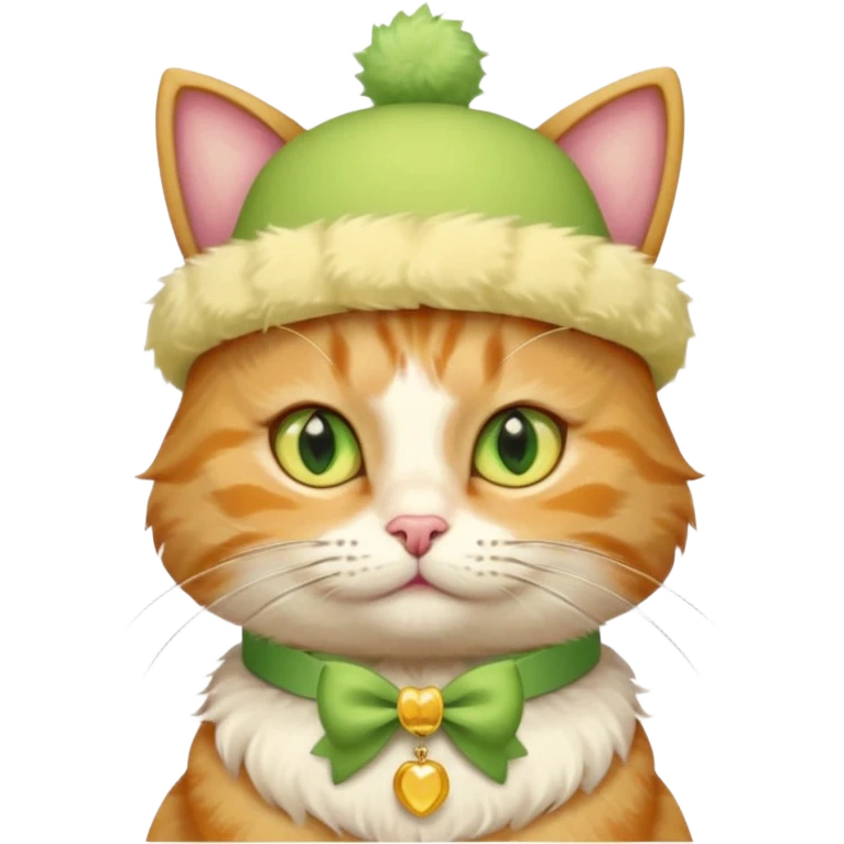 cat wearing a creamy cake hat with fun necklace around his neck and a yellow bow in the middle emoji