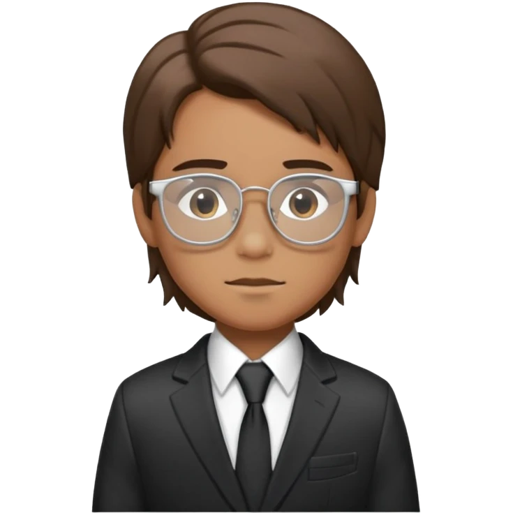 A boy with long brown hair wearing silver glasses. Dressed in a suit, black tie and jacket, white shirt. Visible from the waist up. emoji