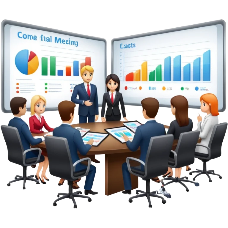 boardroom meeting with people presenting charts on a large table emoji