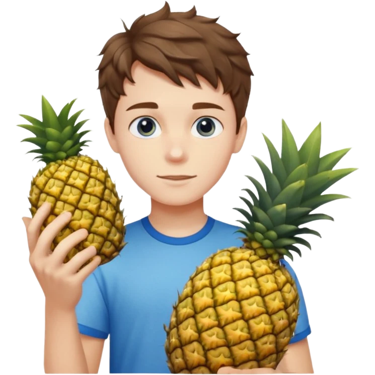 Pale teenage man with short wavy brown hair holding pineapple, prominent jawline, blue eyes emoji