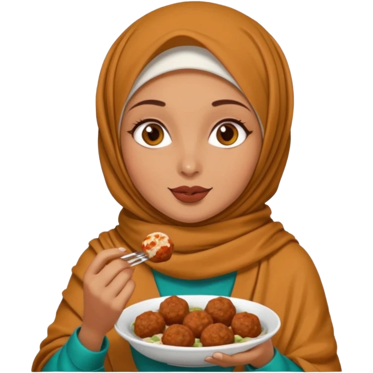 woman wearing a pashmina hijab eating meatballs emoji