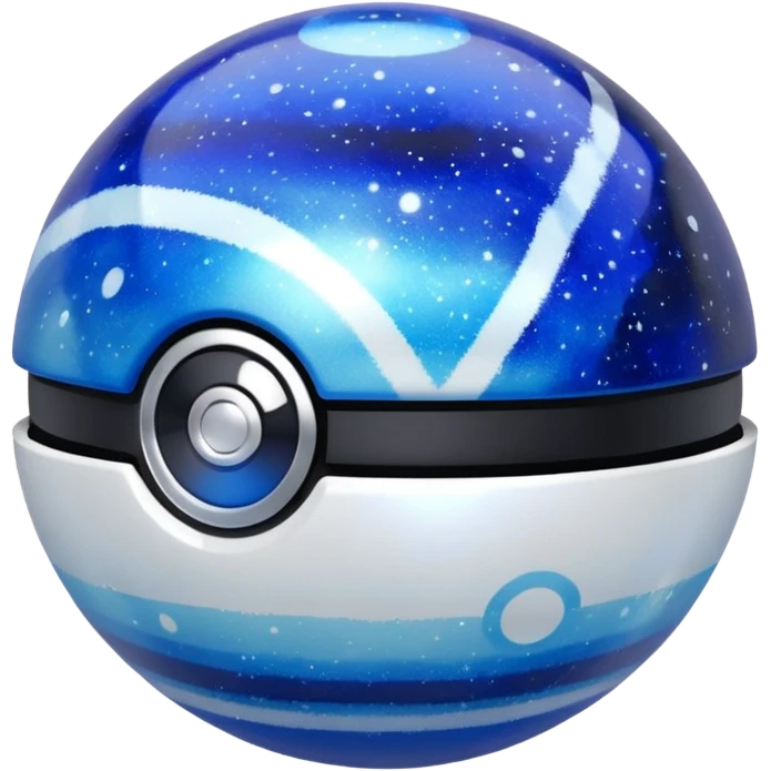 blue pokeball emoji, top half is a more saturated blue, bottom half is white, black stripe, with a white sheen, with a pearlescent finish, with a galaxy effect emoji