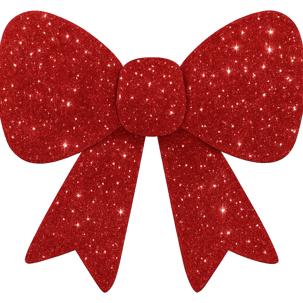 Make the decorative bow red and covered in glitter, shiny and vibrant, no background, keep the shiny and vibrant glittery decoration. emoji