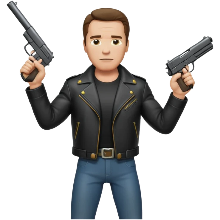 Full-body Terminator Arnold Schwarzenegger in leather jacket, holding a gun raised, realistic emoji style emoji